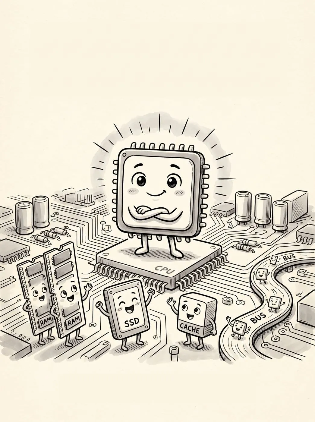 책에 등장하는 컴퓨터 속 친구들 — CPU, RAM, SSD, 캐시, 버스